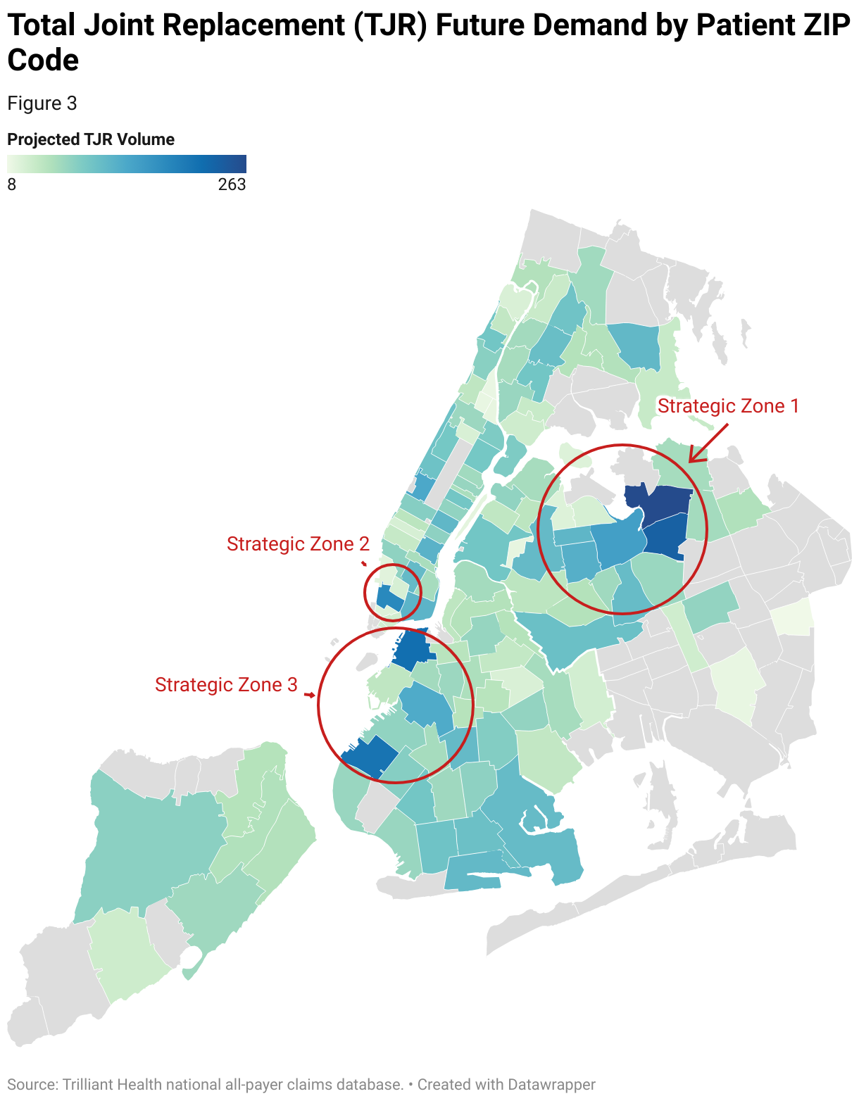A map of future demand for Total Joint Replacements (TJR) in New York City. Three strategic zones are circled, which represent high areas of future demand.