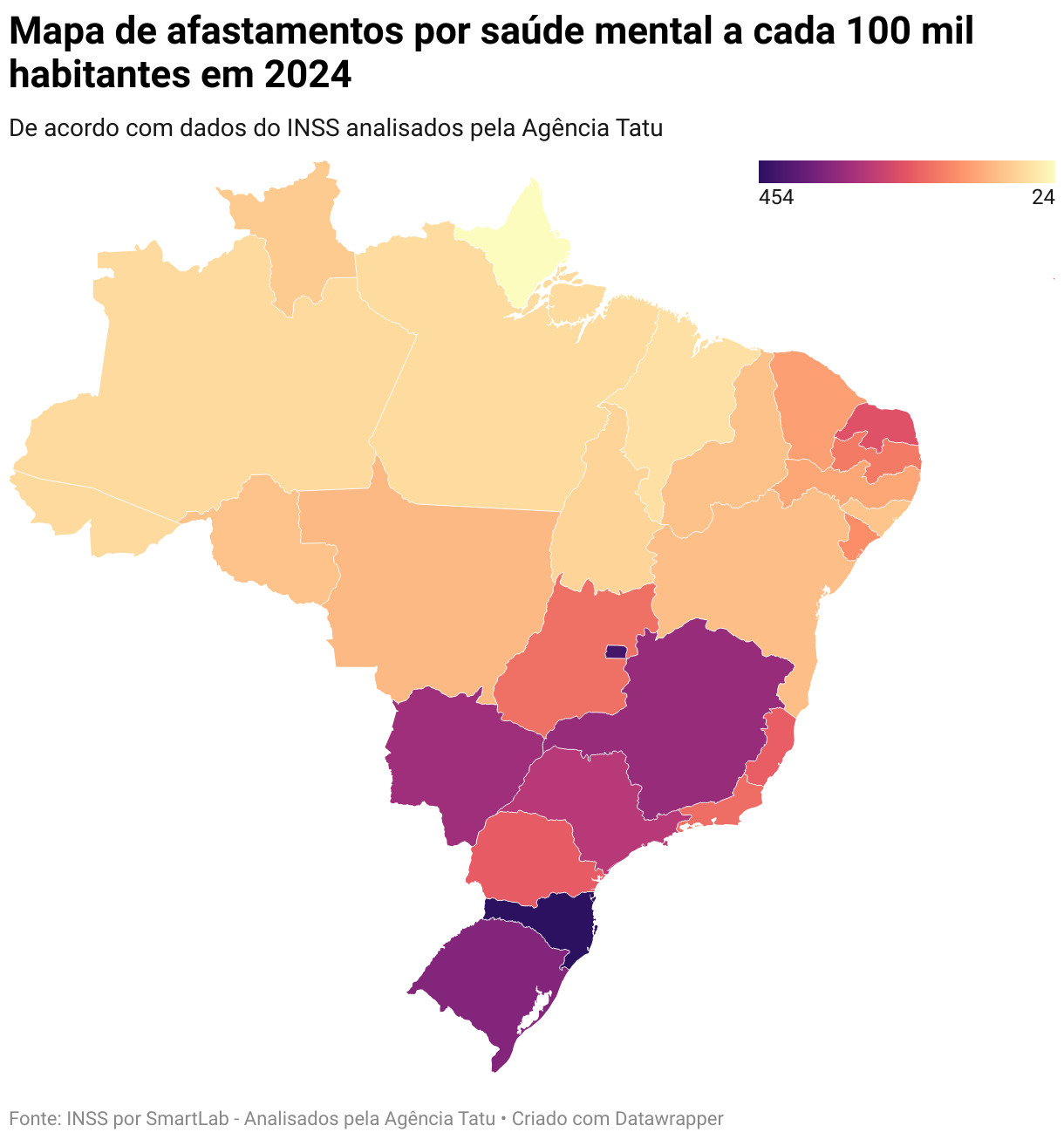 Mapa de afastamentos por saúde mental a cada 100 mil habitantes em 2024 (Choropleth map)