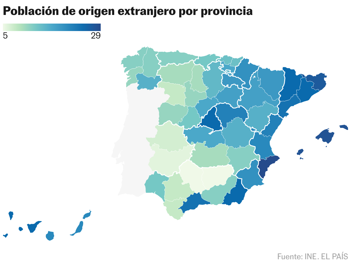 Población de origen extranjero por provincia (Mapa coroplético)