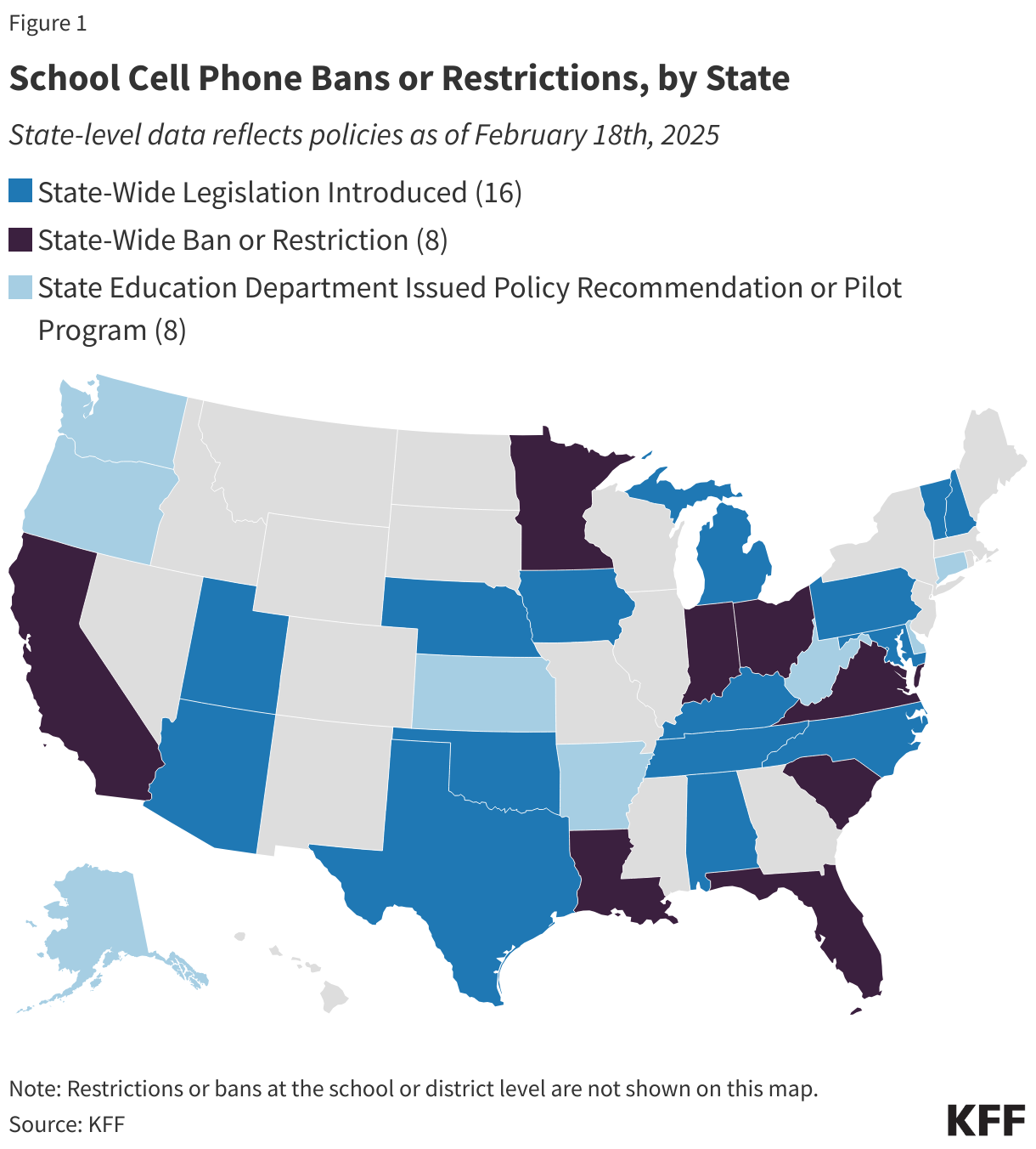 School Cell Phone Bans or Restrictions, by State data chart