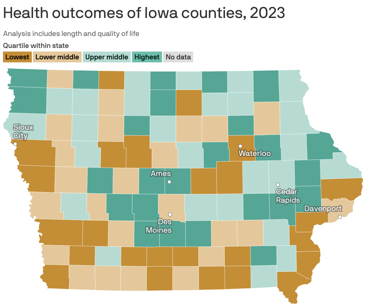 Health outcomes of Iowa counties, 2023