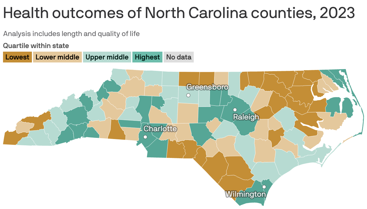 Health outcomes of North Carolina counties, 2023