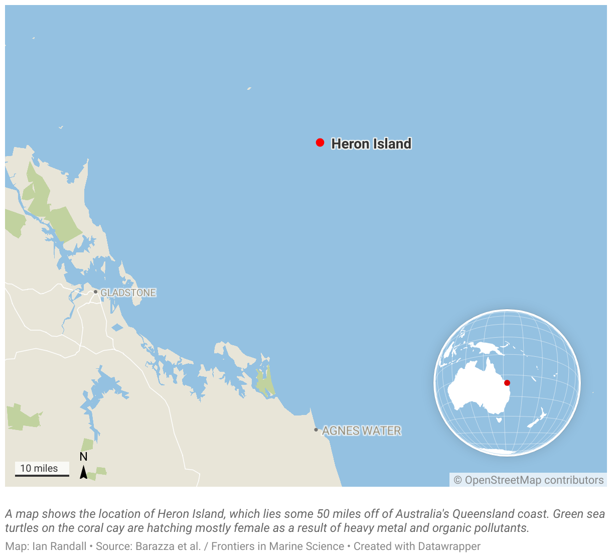 A map showing the location of Heron Island, which lies some 50 miles off of Australia's Queensland coast.