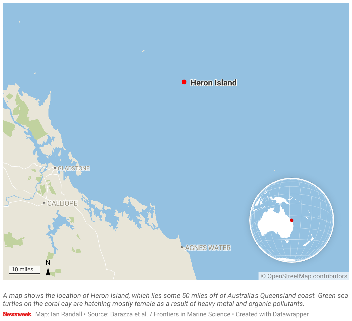A map showing the location of Heron Island, which lies some 50 miles off of Australia's Queensland coast.
