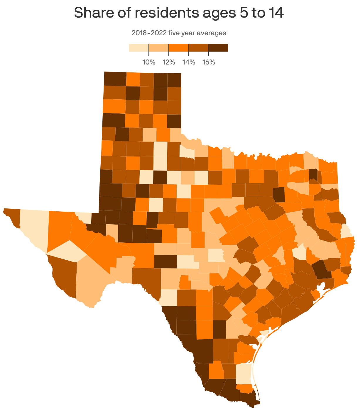 A county choropleth map showing the share of residents who are ages 5-14.