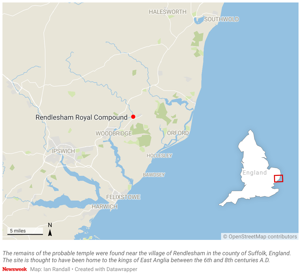A map showing where the remains of the probable temple were found, near the village of Rendlesham in the county of Suffolk, England.