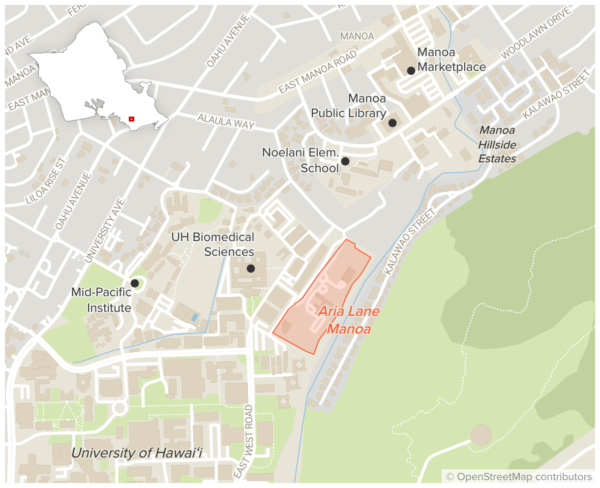 Map showing the location of the Aria Lane Manoa development and a few of the surrounding schools in the area.