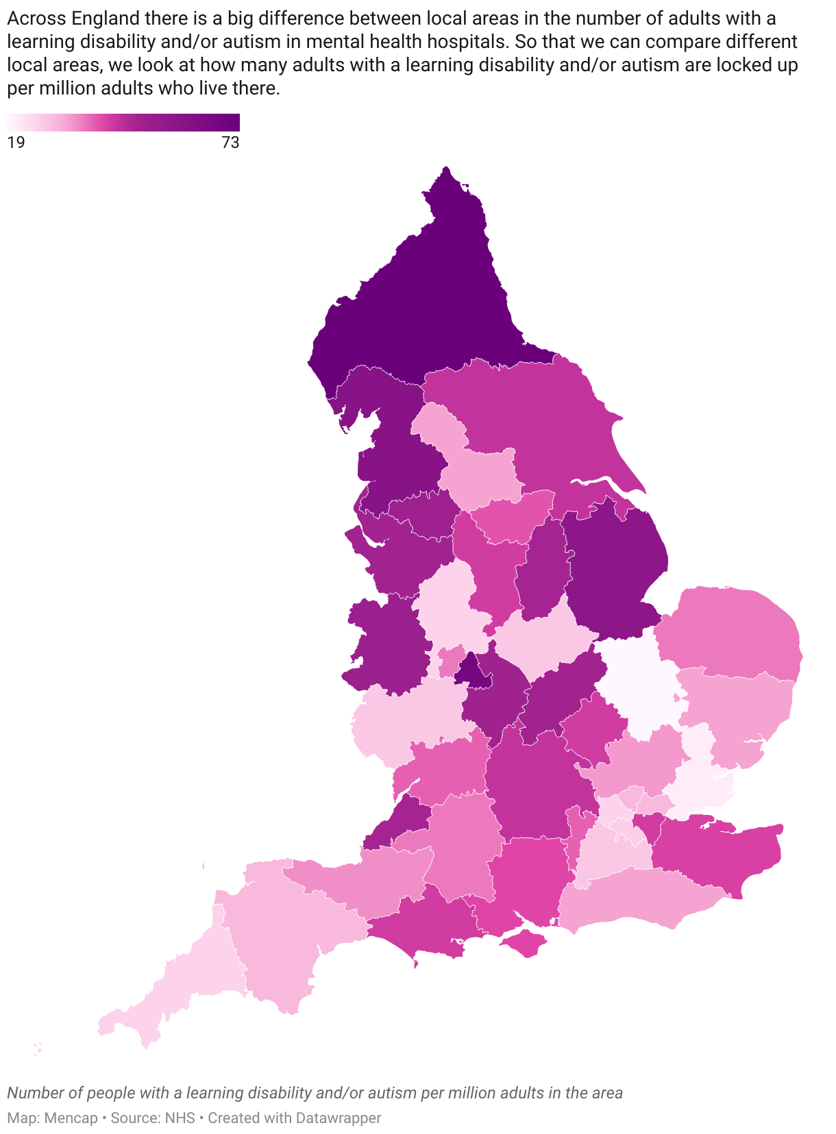 A map showing the regional differences in how many adults with a learning disability of autism locked up in mental health hospitals.