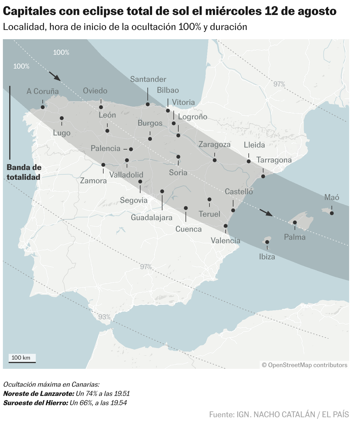 Capitales con eclipse total de sol el miércoles 12 de agosto (Mapas de ubicación)