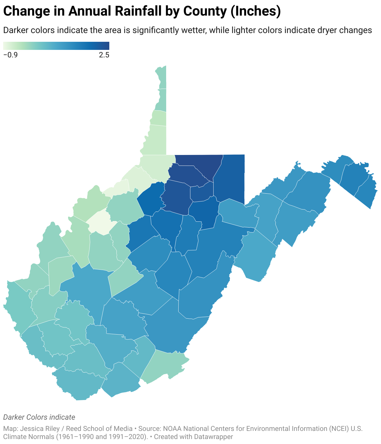 Change in Annual Rainfall by County (Inches) (Choropleth map)