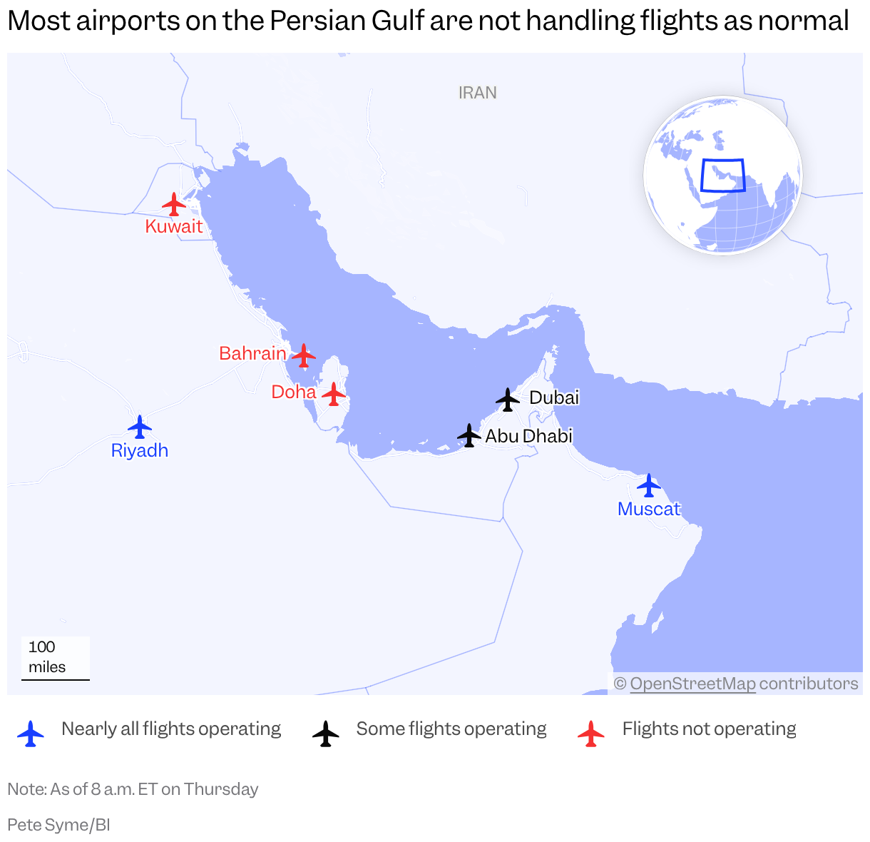 A map of the Persian Gulf shows how flights are not operating at Kuwait, Bahrain, and Doha, some flights at Dubai and Abu Dhabi, and nearly all Riyadh and Muscat.