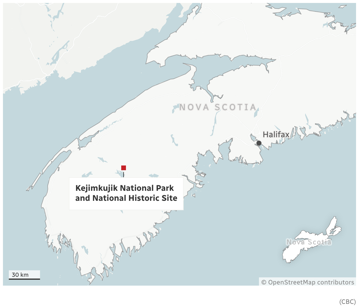 A locator map in neutral grey-blue hues locating Kejimkujik National Park and the city of Halifax in the province of Nova Scotia. There is also a shape of the province of Nova Scotia in the far right with a red rectangle depicting the boundaries of the larger map.
