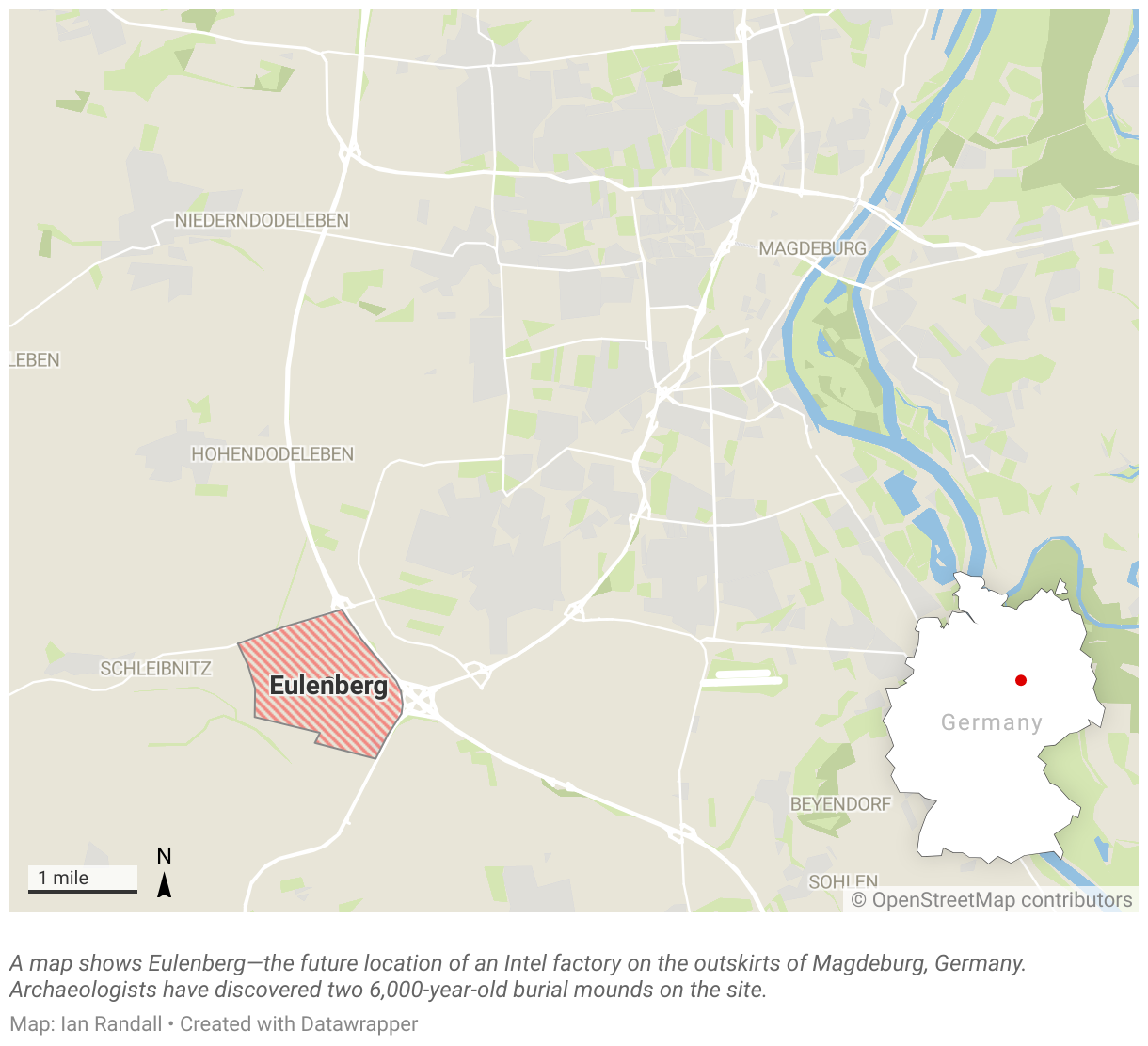 A map shows Eulenberg—the future location of an Intel factory on the outskirts of Magdeburg, Germany.