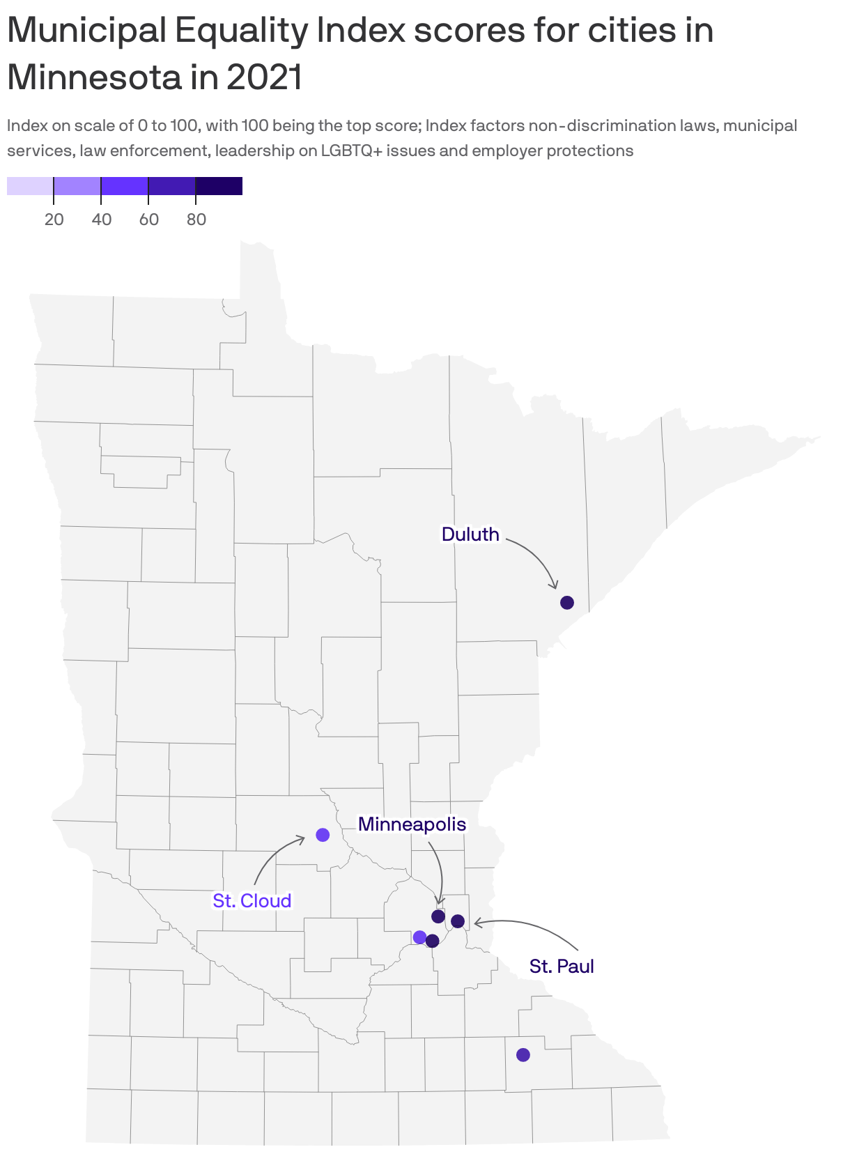 Municipal Equality Index scores for cities in Minnesota in 2021