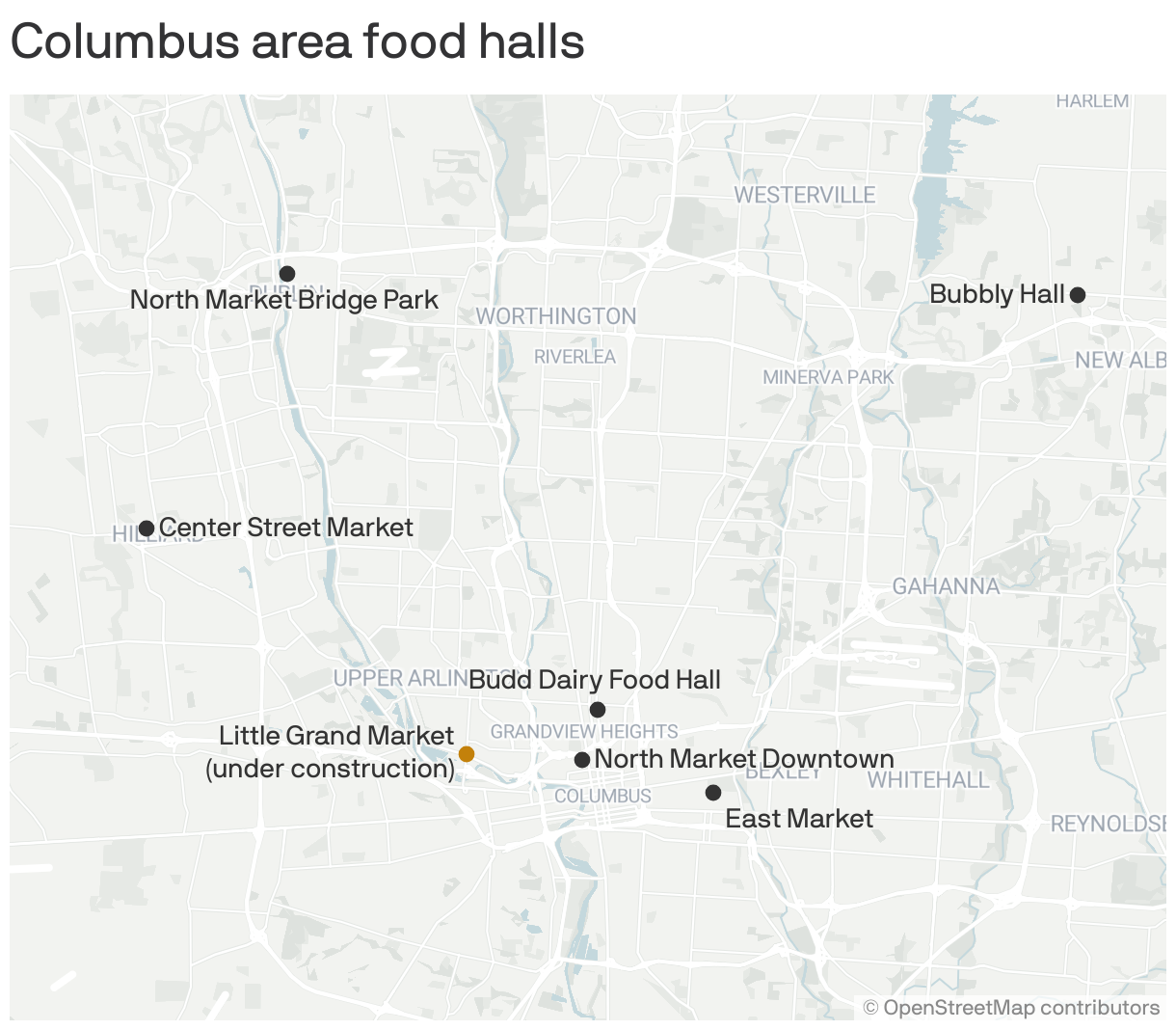 A map of the Columbus area shows seven food halls, including the upcoming Little Grand Market, which is under construction.