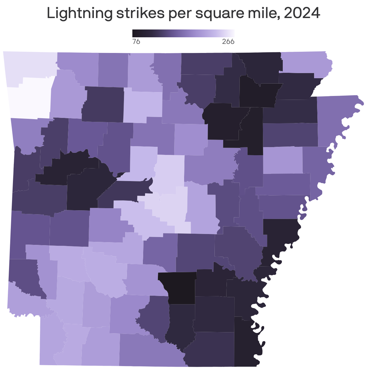 A map showing lightning strikes per square mile in 2024.