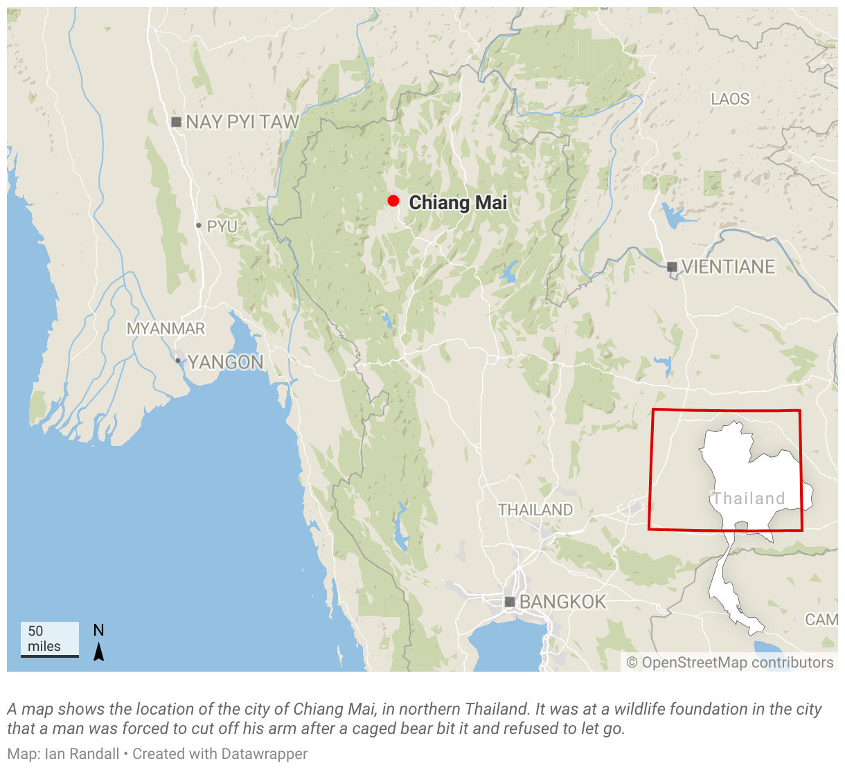 A map shows the location of the city of Chiang Mai, in northern Thailand.