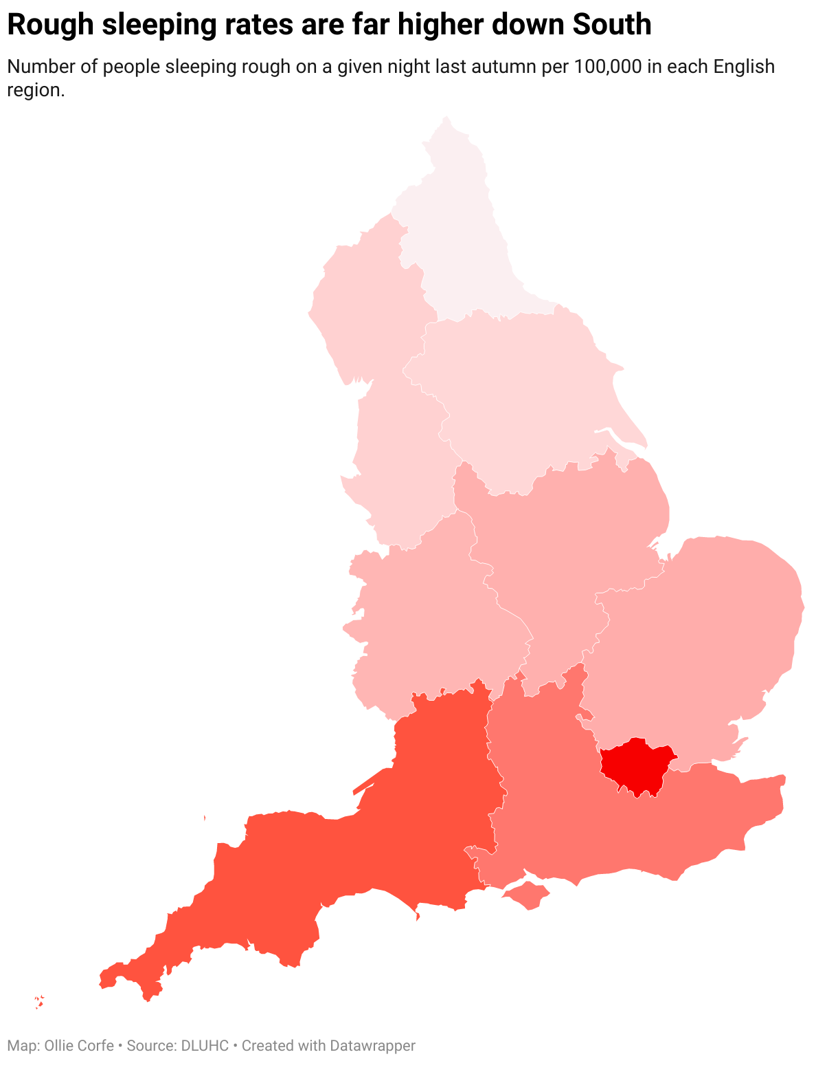 Map of English regions by homelessness rates.