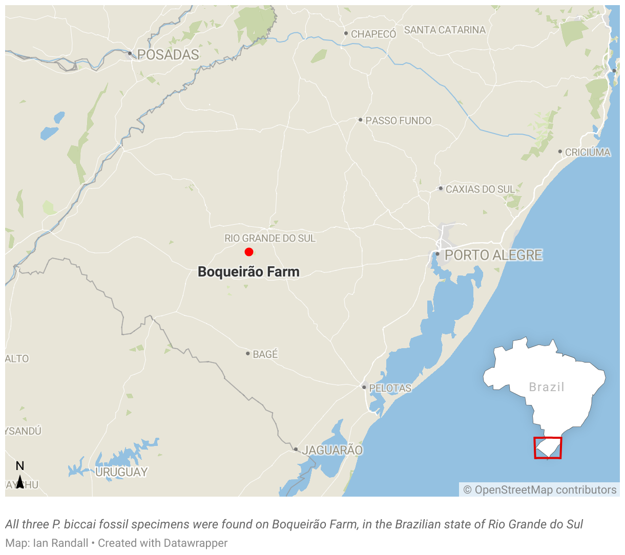 A map showing the location of Boqueirão Farm in the Brazilian state of Rio Grande do Sul