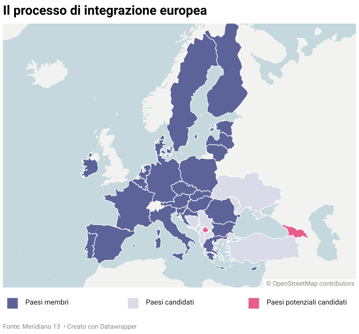 Una mappa dei paesi membri dell'Unione europea, dei paesi candidati e dei potenziali candidati all'integrazione europea.