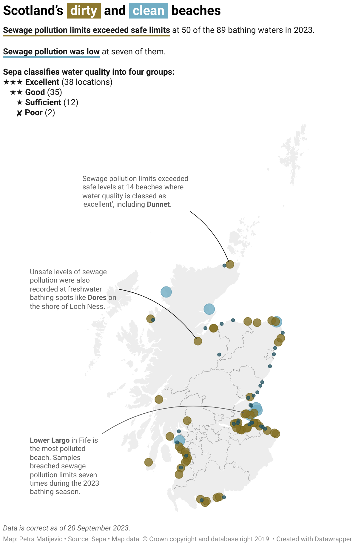 This map shows bathing waters where pollution levels broke limits in 2023. 