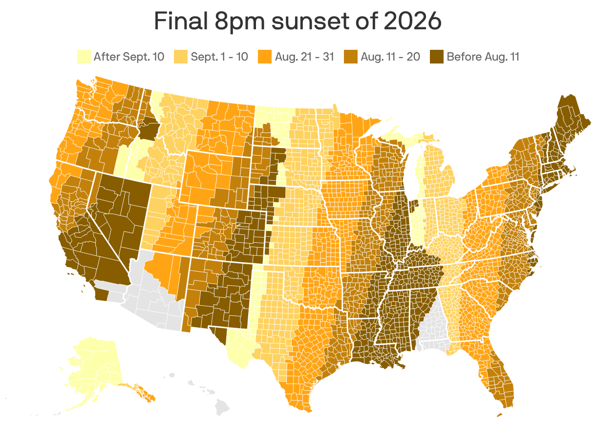 A choropleth map showing the final 8 p.m. sunset in the U.S. for 2026, for each county, categorized by date. Areas colored in dark brown indicate final 8 p.m. sunsets before August 11, while lighter shades reflect later dates, with the lightest indicating after September 10. Regions are outlined to illustrate varying sunset times across the country.
