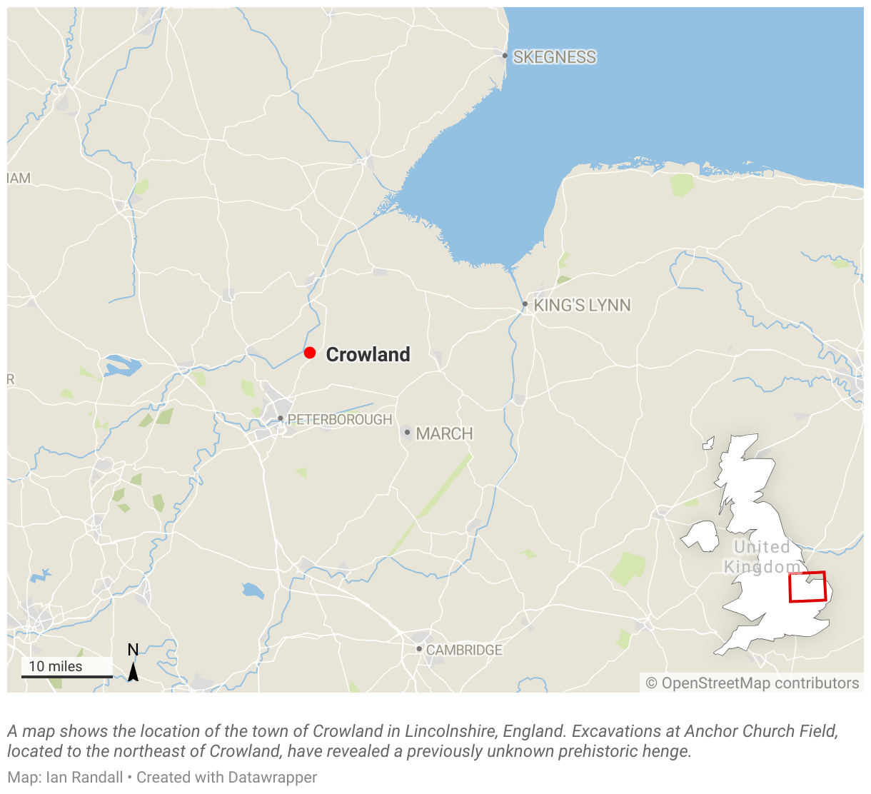 A map shows the location of the town of Crowland in Lincolnshire, England.