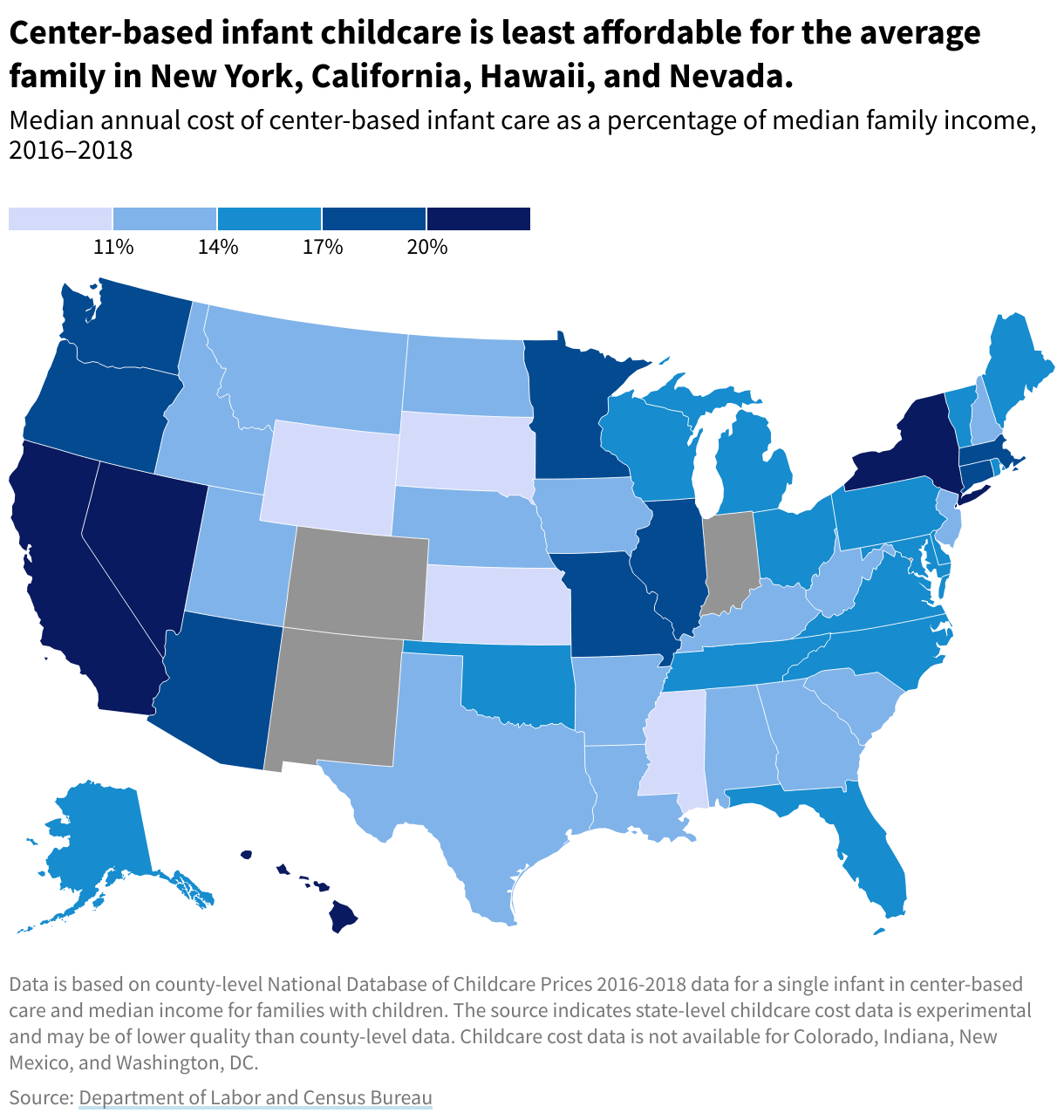 Map of the US showing the median annual cost of center-based infant care as a percentage of median family annual income annual by state. Massachusetts, Hawaii, New York, and California have the most expensive infant care centers in the country.