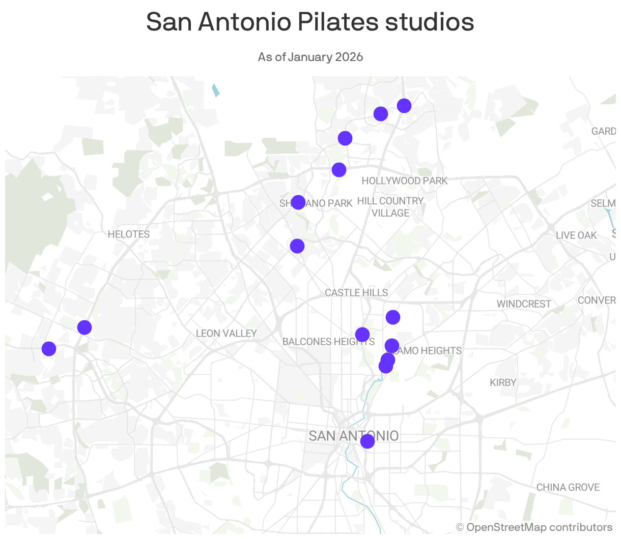 A map showing the locations of San Antonio Pilates studios. They tend to be clustered in more affluent areas of town.