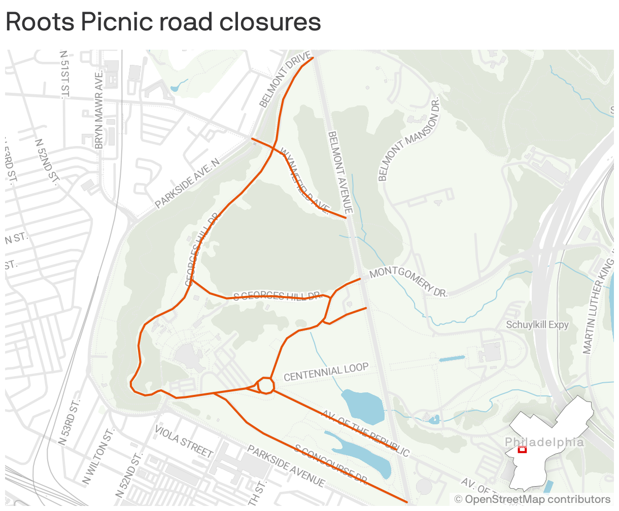 A map of the road closures for the Philadelphia Roots Picnic.