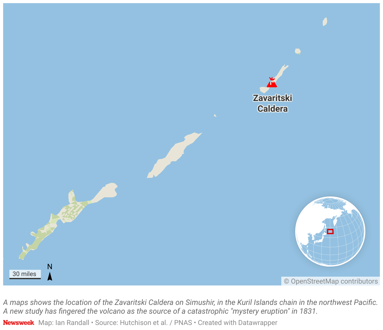 A maps shows the location of the Zavaritski Caldera on Simushir, in the Kuril Islands chain in the northeast Pacific.