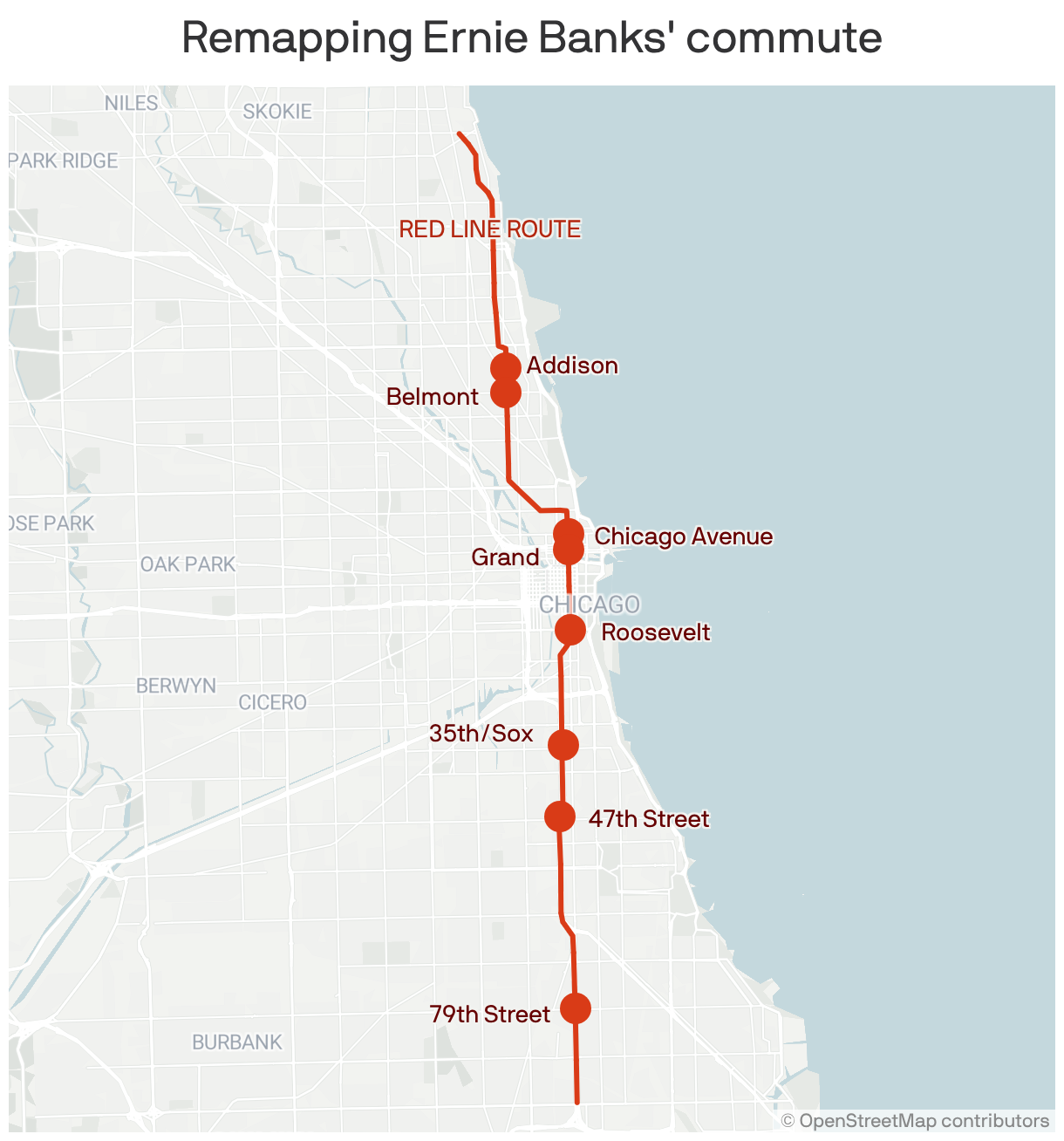A map showing Chicago's Red Line route, along with select stops that Ernie Banks may have taken on his commute.