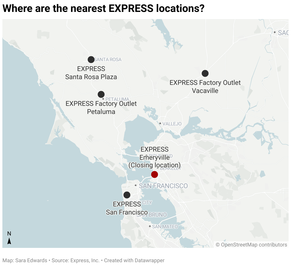 A gray chart with black and red points showing the locations of EXPRESS and EXPRESS Factory Outlet locations in the Bay Area.