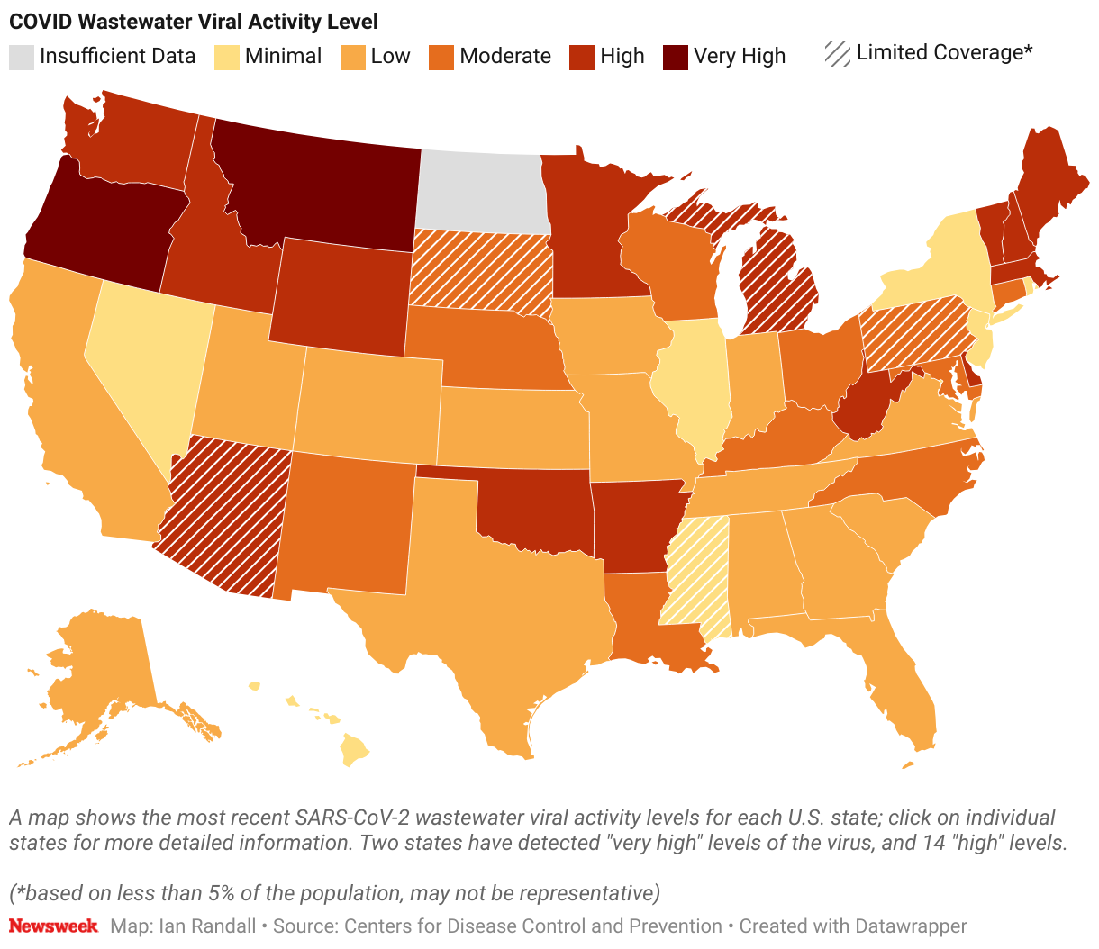 A map shows the most recent SARS-CoV-2 wastewater viral activity levels for each U.S. state.