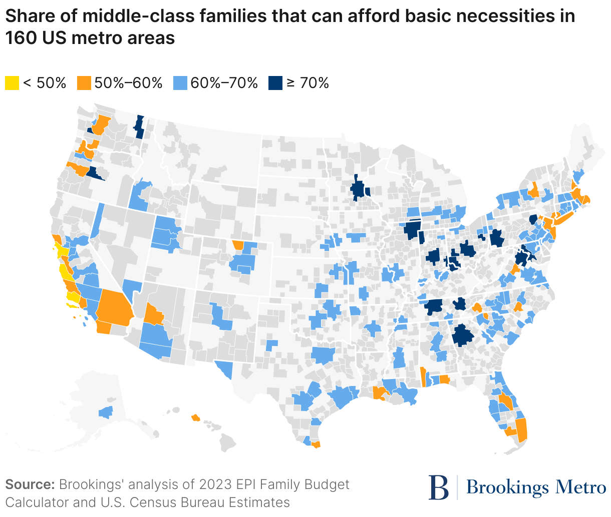 Share of middle-class families that can afford basic necessities in 160 US metro areas (Choropleth map)