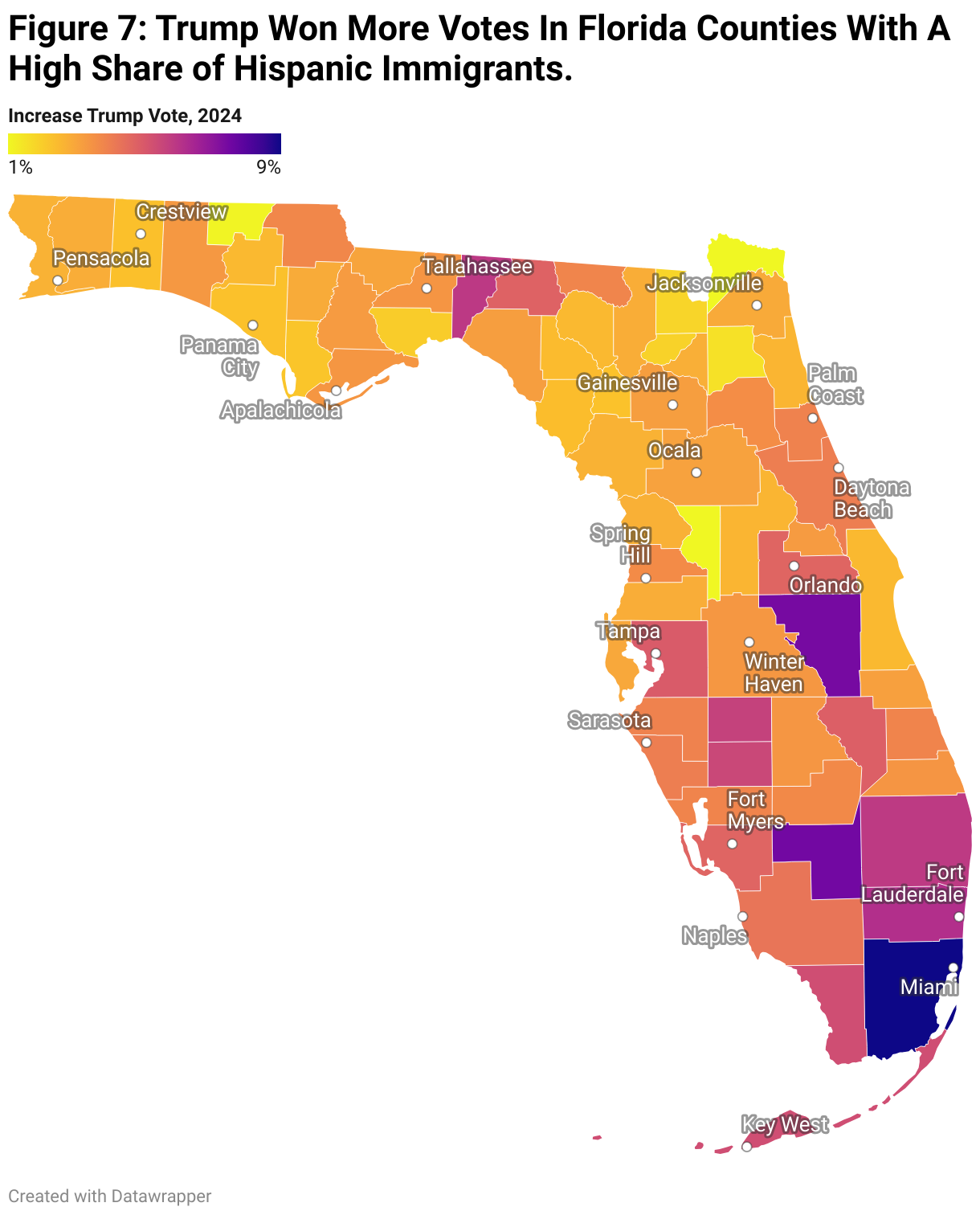 Figure 7: Trump Won More Votes In Florida Counties With A High Share of Hispanic Immigrants.
