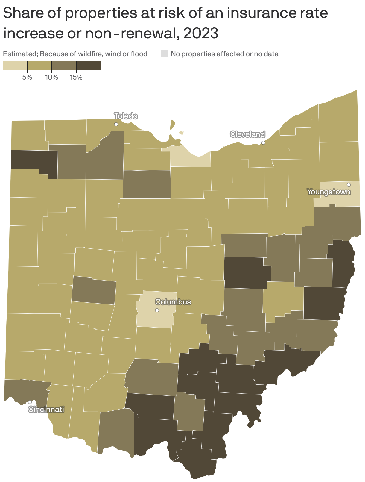 Map of Ohio counties showing the share of properties at risk an insurance rate increase or non-renewal in 2023. Of the 6.1 million properties in Ohio, 8% are at risk of an increase from either wildfire, wind or flood. 0% of properties are at risk from wildfire, 0% from wind and 8% from flood.