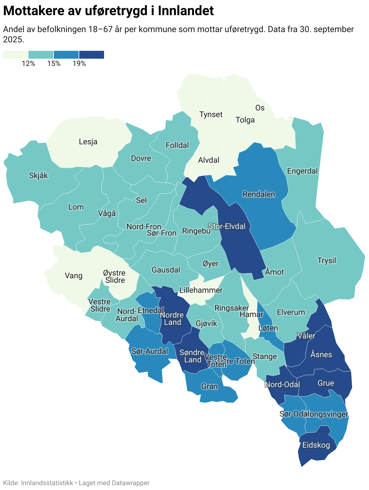 Mottakere av uføretrygd i Innlandet (Choropleth map)