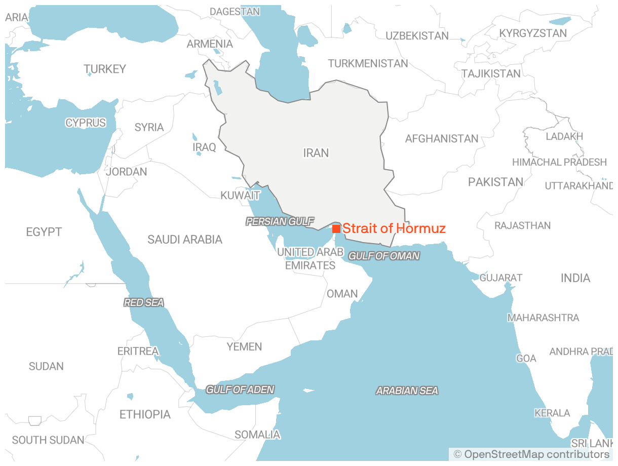 A map shows the location of the Strait of Hormuz near Iran and U.A.E.