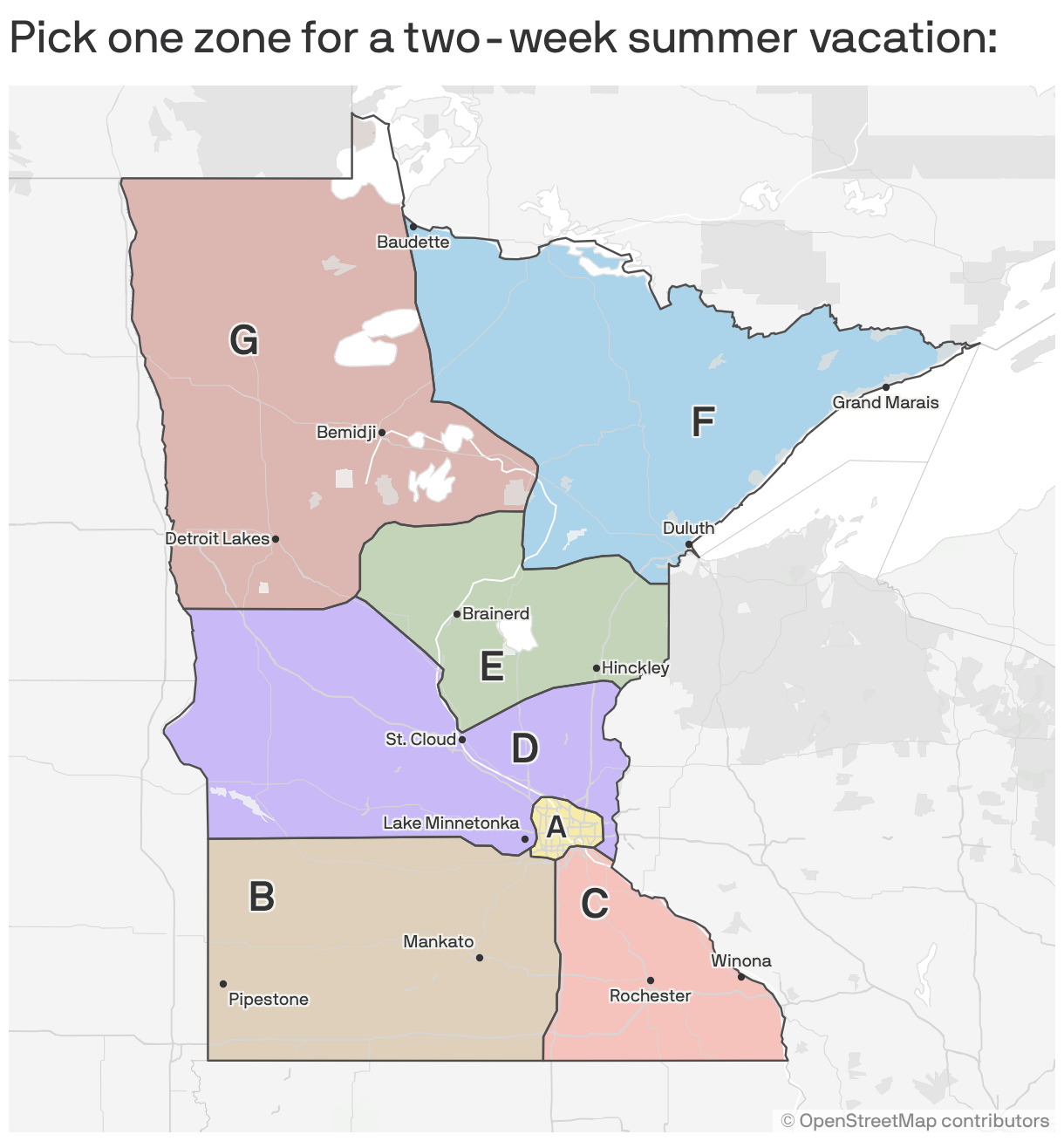 A map of the state of Minnesota shaded into seven regions. Region A depicts the Twin Cities metro; Region B is southwest MN, Region C is southeast MN; Region D is a swath of south-central Minnesota including St. Cloud and Twin Cities exurbs, including Lake Minnetonka; Region E is north-central Minnesota, including the Brainerd Lakes Area and Hinckley; Region G is northwestern MN; Region F is northeastern MN including the North Shore, Arrowhead and Boundary Waters Canoe Area Wilderness.