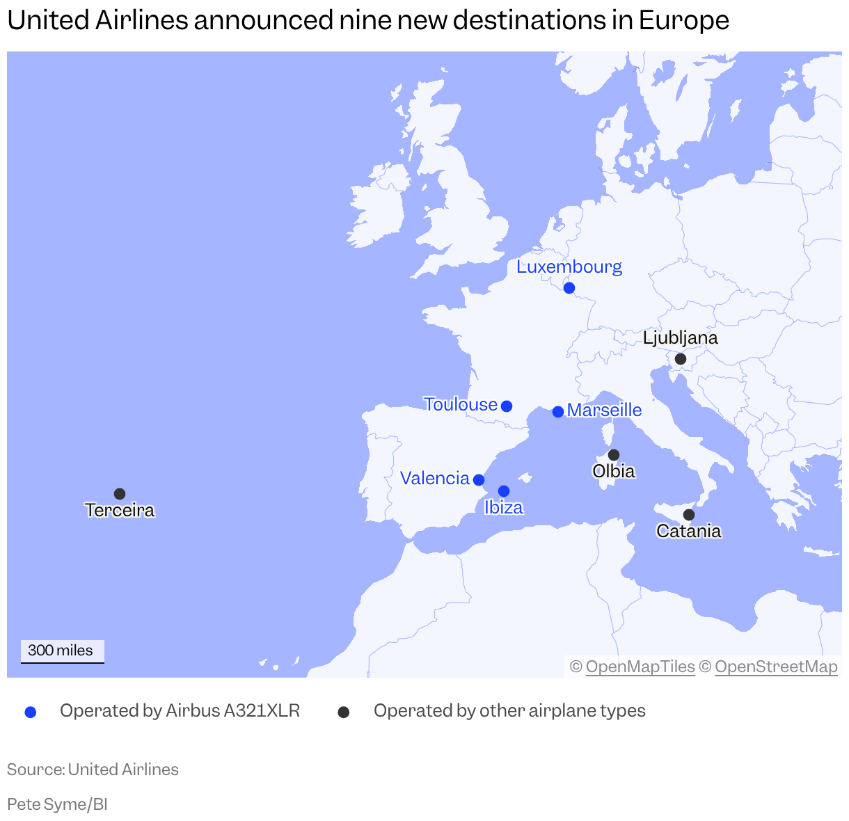 A map of Europe shows United's new routes: Luxembourg, Toulouse, Marseille, Valencia, and Ibiza served by the Airbus A321XLR, plus Ljubljana, Terceira, Olbia, and Catania.