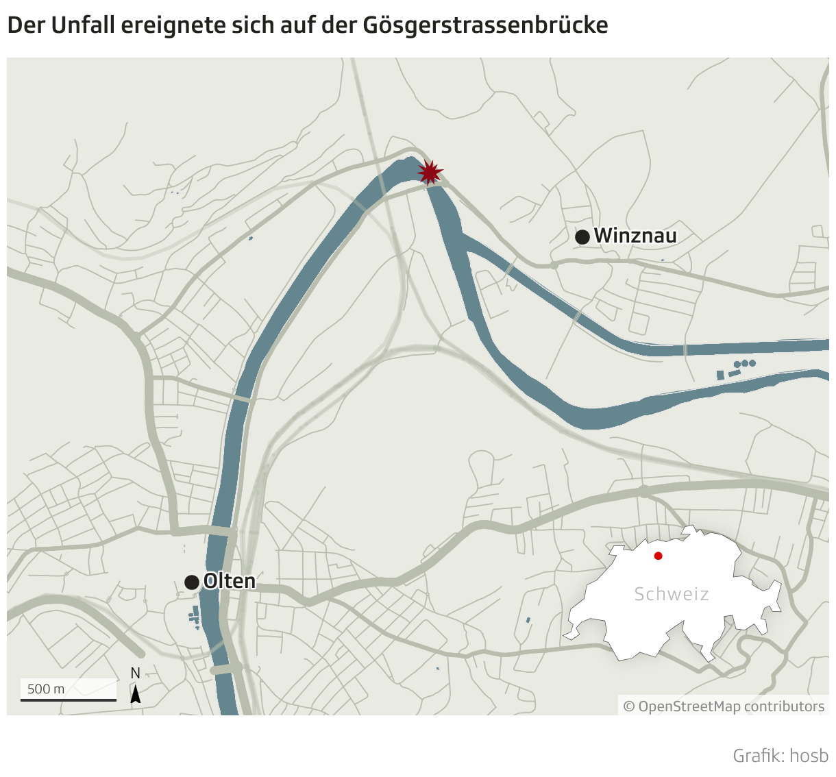 Der Unfall ereignete sich bei der Gösgerstrassenbrücke (Locator-Karte)