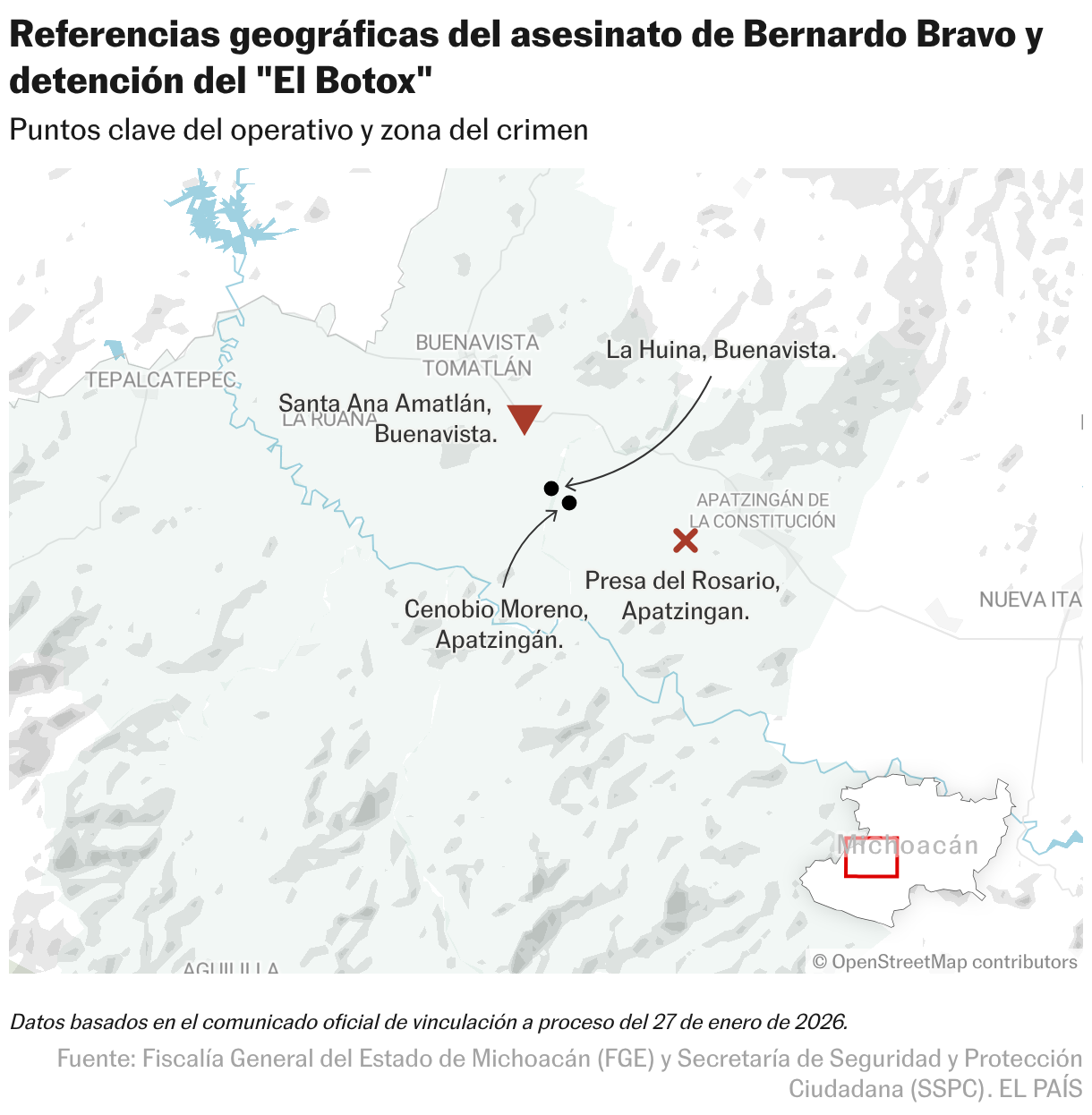 Referencias geográficas del asesinato de Bernardo Bravo y detención del "El Botox" (Mapas de ubicación)
