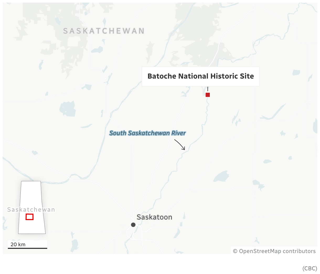 A locator map in neutral green-grey tones and blue colours to locate the Batoche National Historic  Site, the South Saskatchewan River to the south and the city of Saskatoon to the far south. There is also a shape of the province of Saskatchewan in the far right with a red rectangle depicting the boundaries of the larger map.