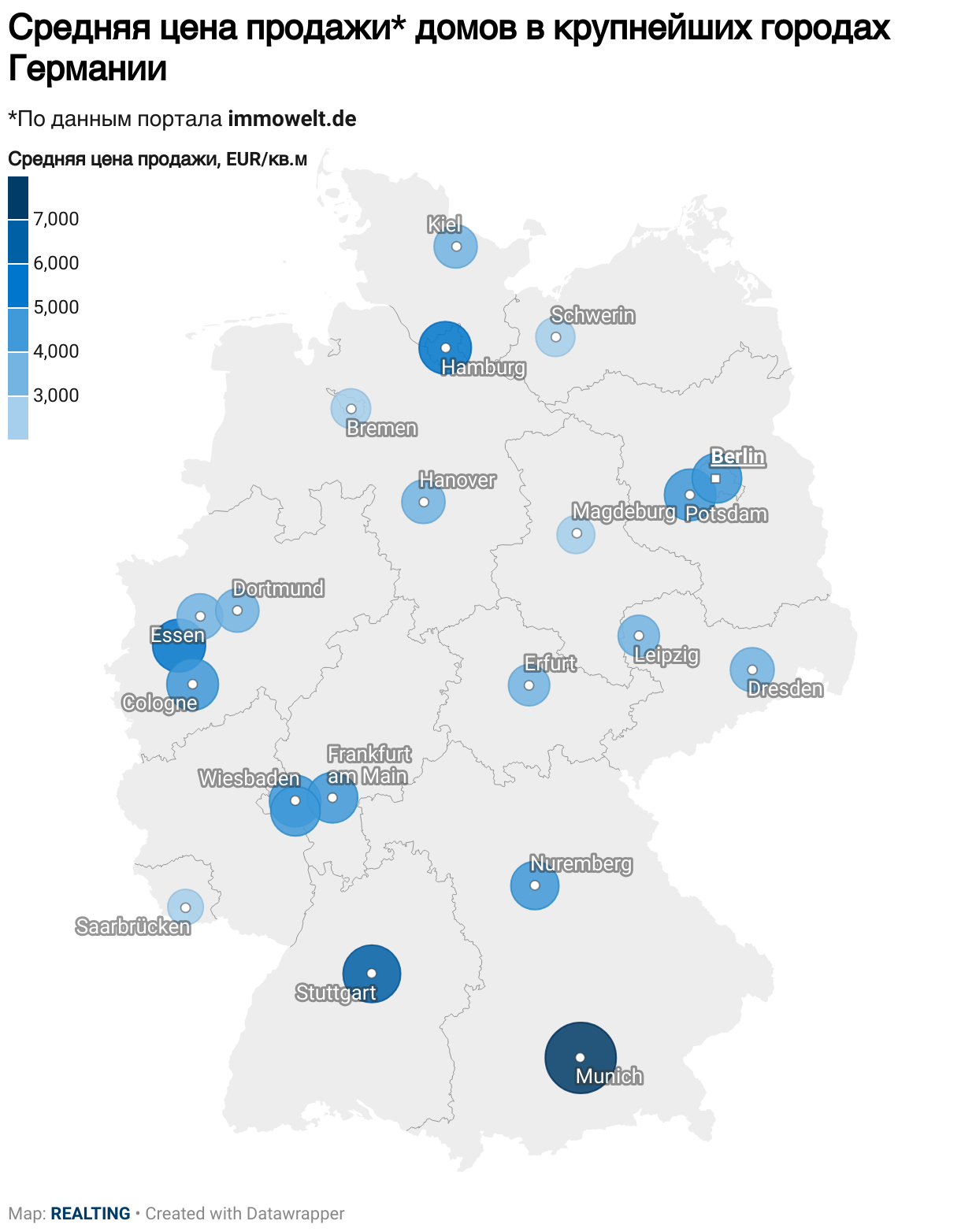 Средняя цена продажи* домов в крупнейших городах Германии (Symbol map)