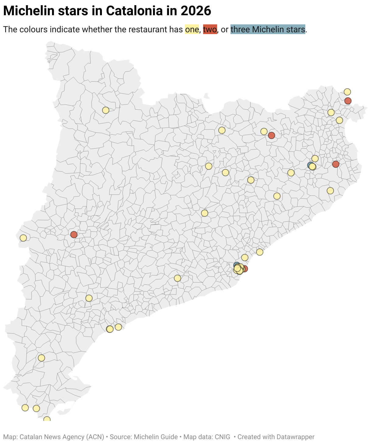 Michelin stars in Catalonia in 2026 (Symbol map)