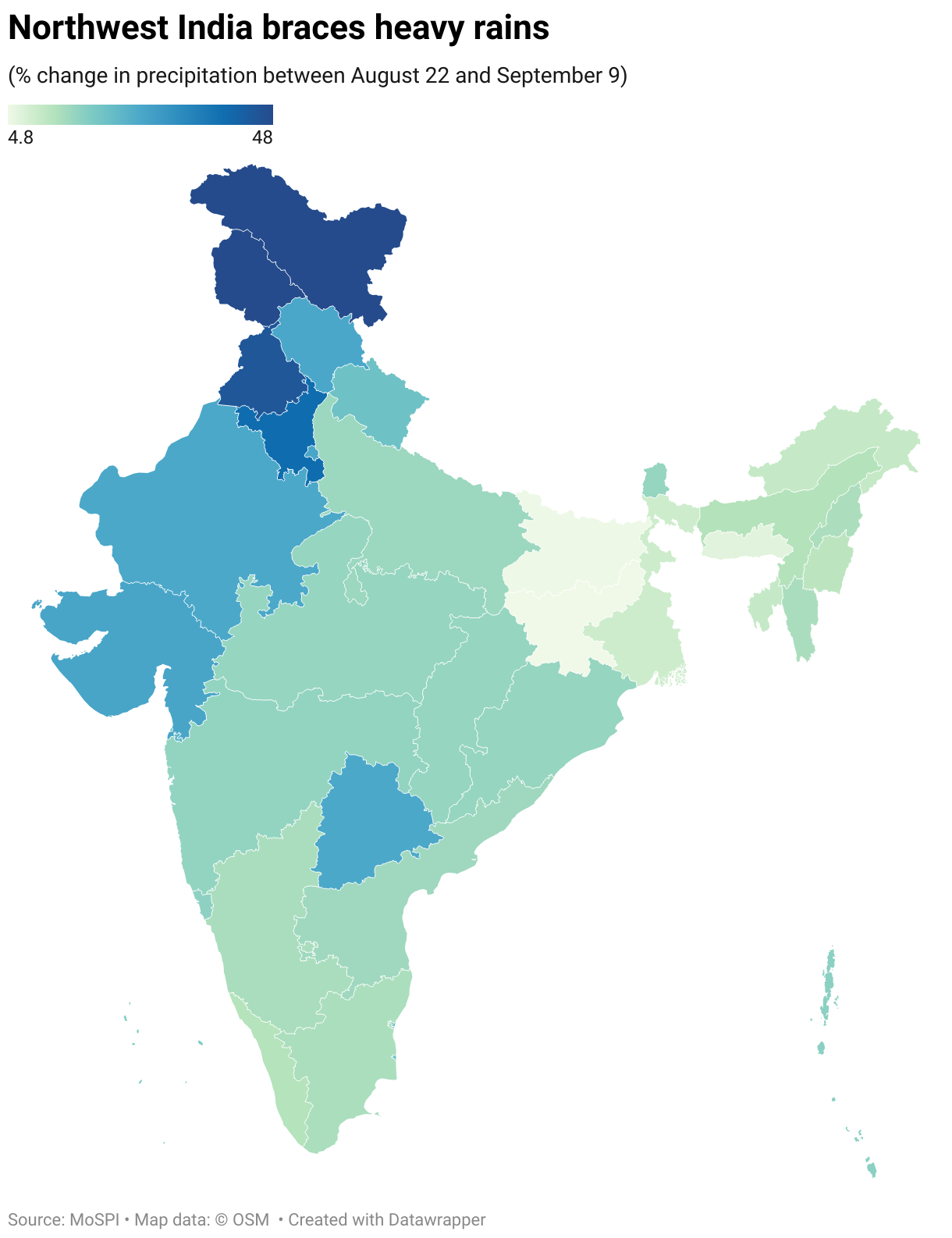 Northwest India braces heavy rains (Choropleth map)