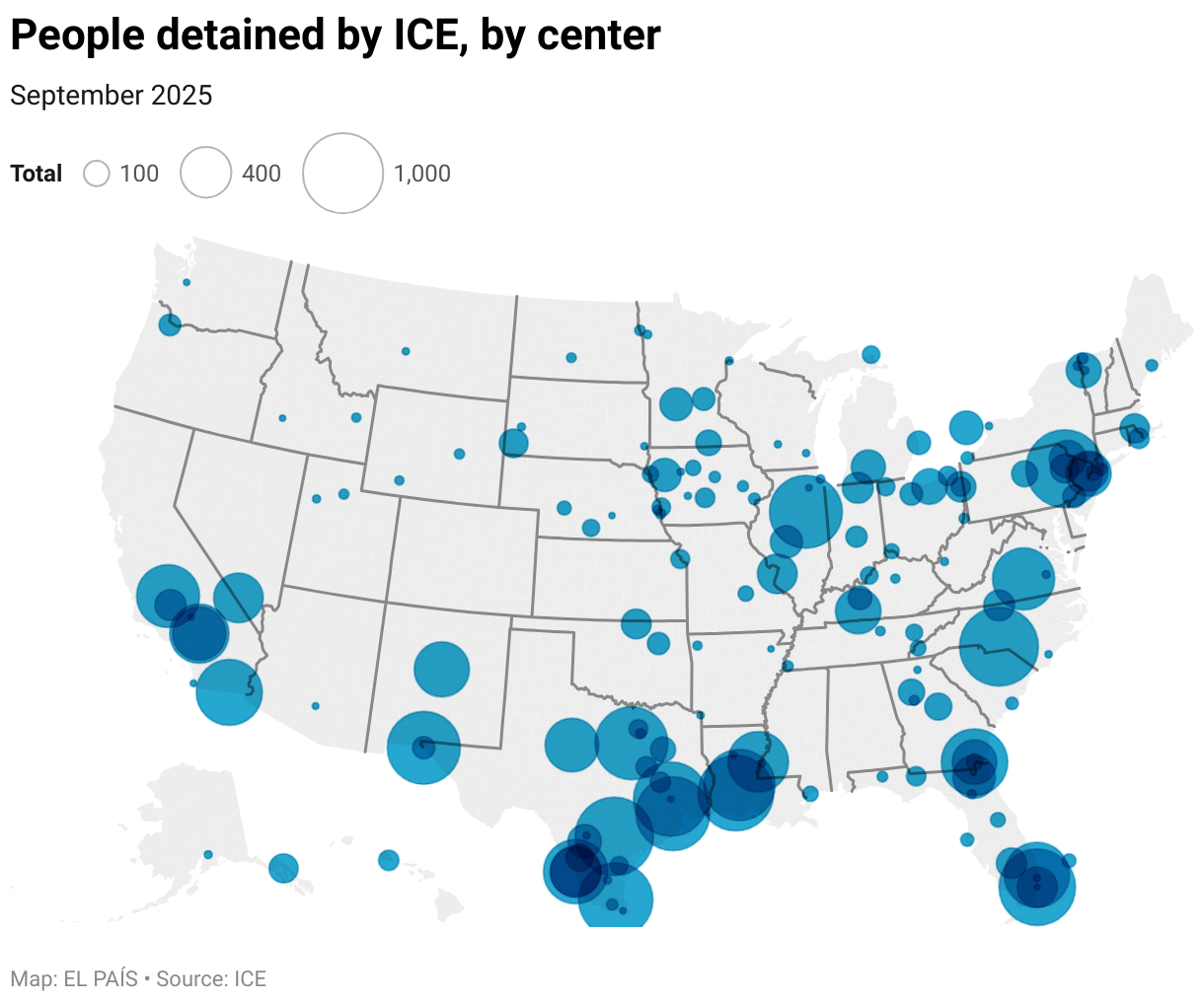 People detained by ICE, by center (Symbol map)