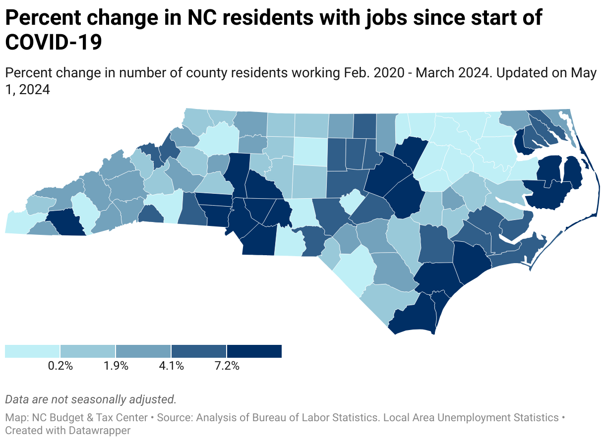Map showing the percent change in NC residents working since the start of COVID-19