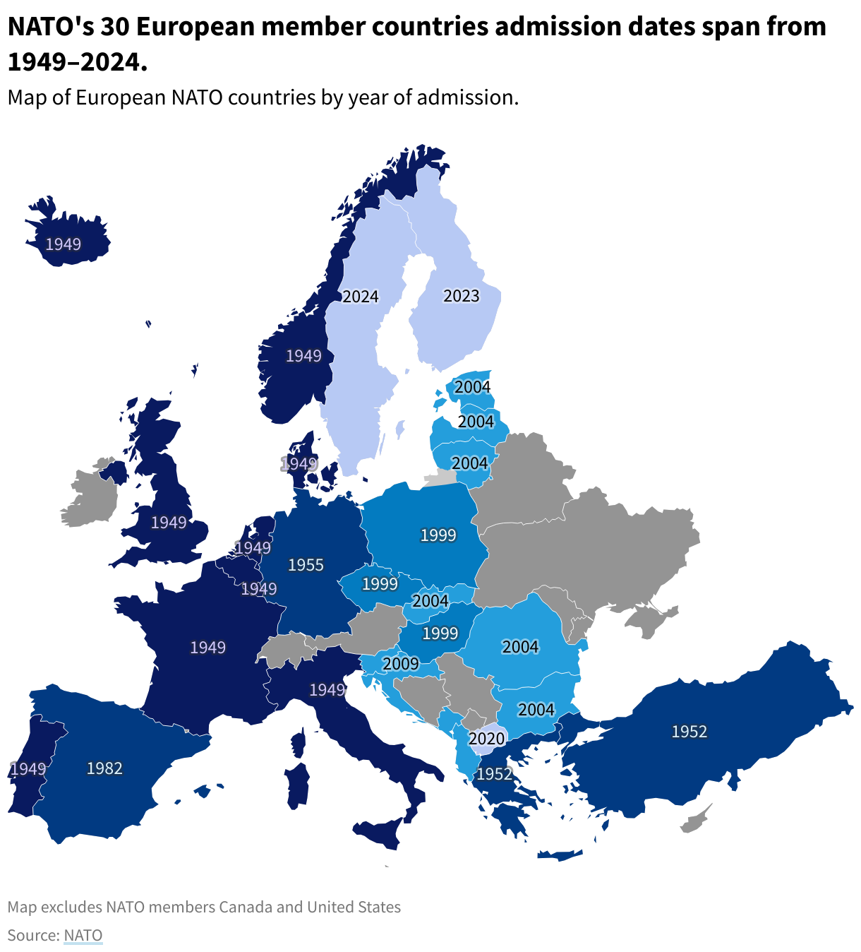 Map of Europe showing NATO admission dates from 1949–2024.